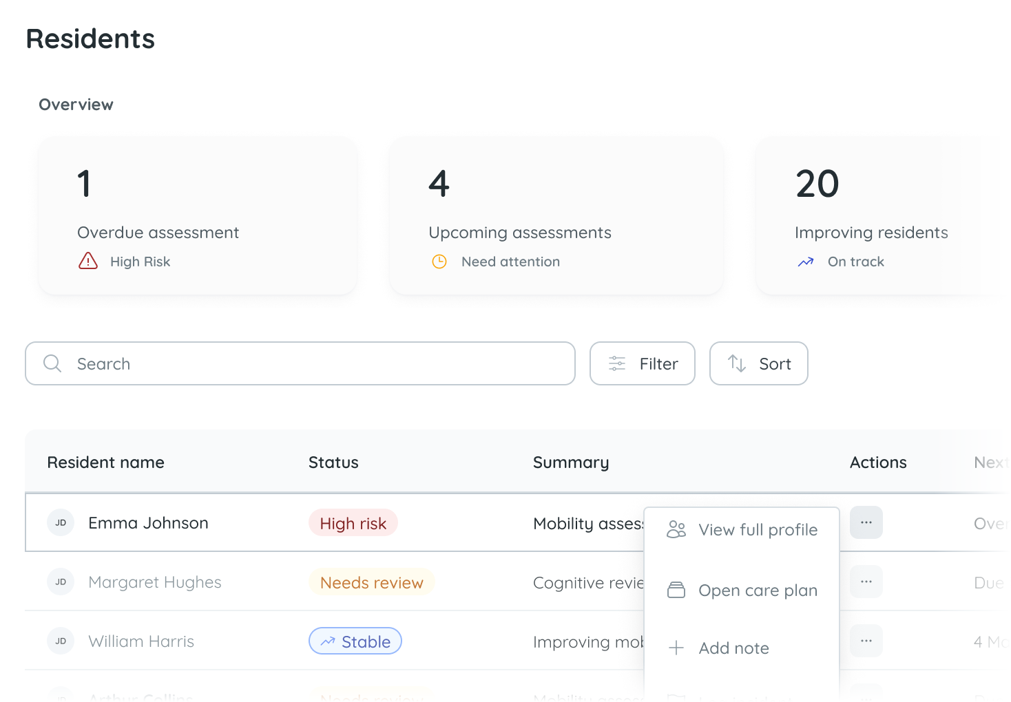 Amelio residents overview with quick actions
